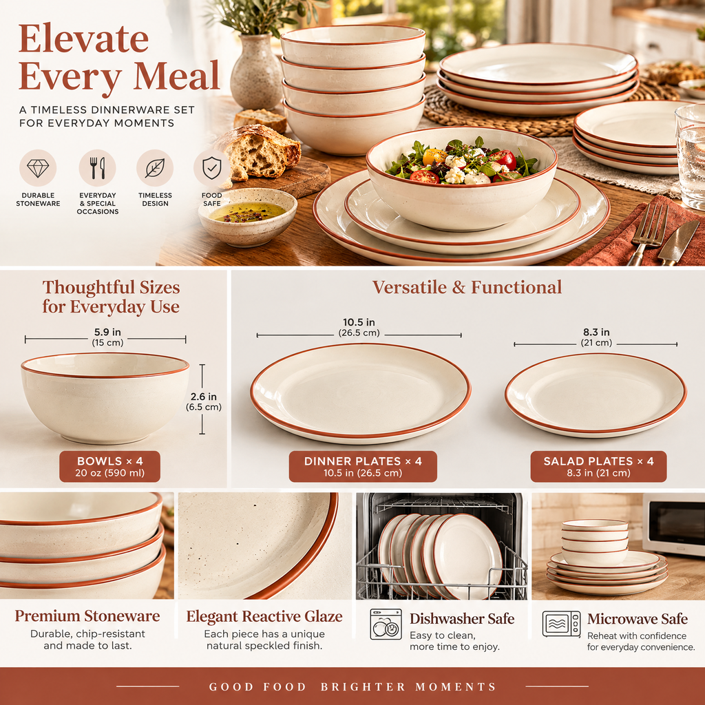 qyrvexul Ivory Dinnerware with Terracotta Rims — features and styling