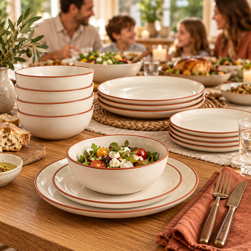 qyrvexul Ivory Dinnerware with Terracotta Rims — family dining scene