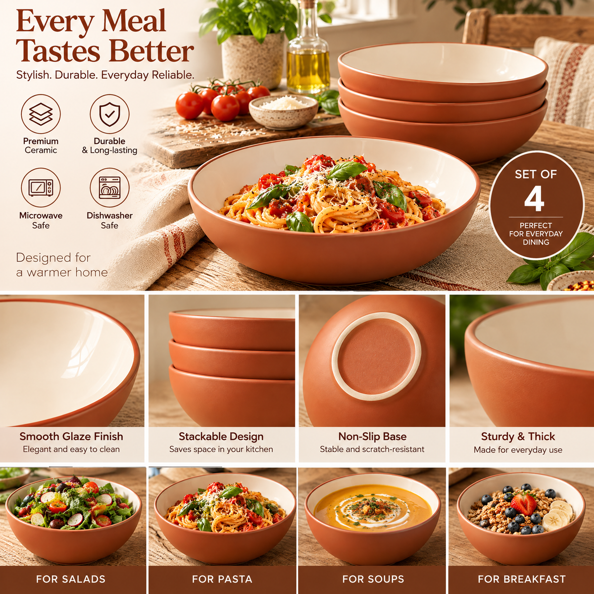 qyrvexul Terracotta & Ivory Pasta Bowls — design details