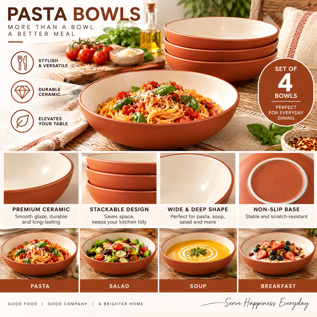 qyrvexul Terracotta & Ivory Pasta Bowls — features and styling