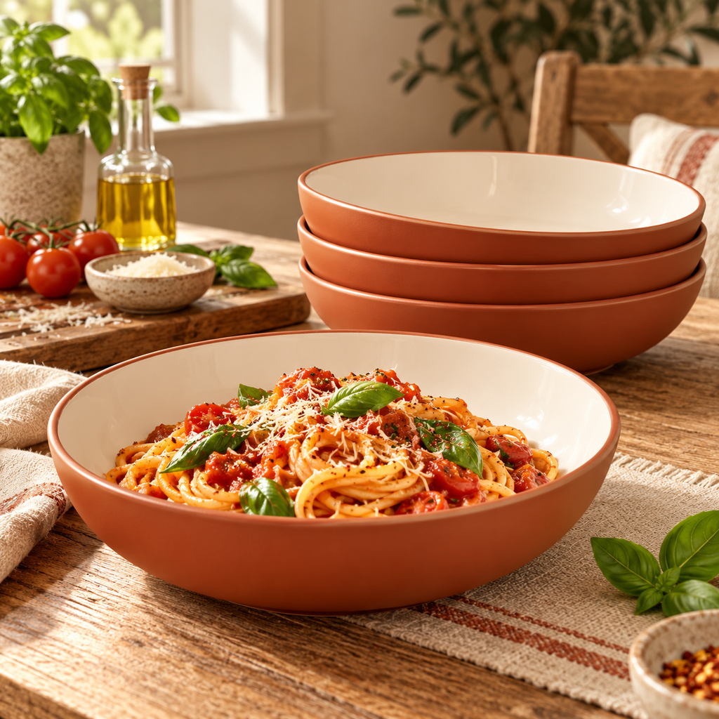 qyrvexul Terracotta & Ivory Pasta Bowls — family dining scene