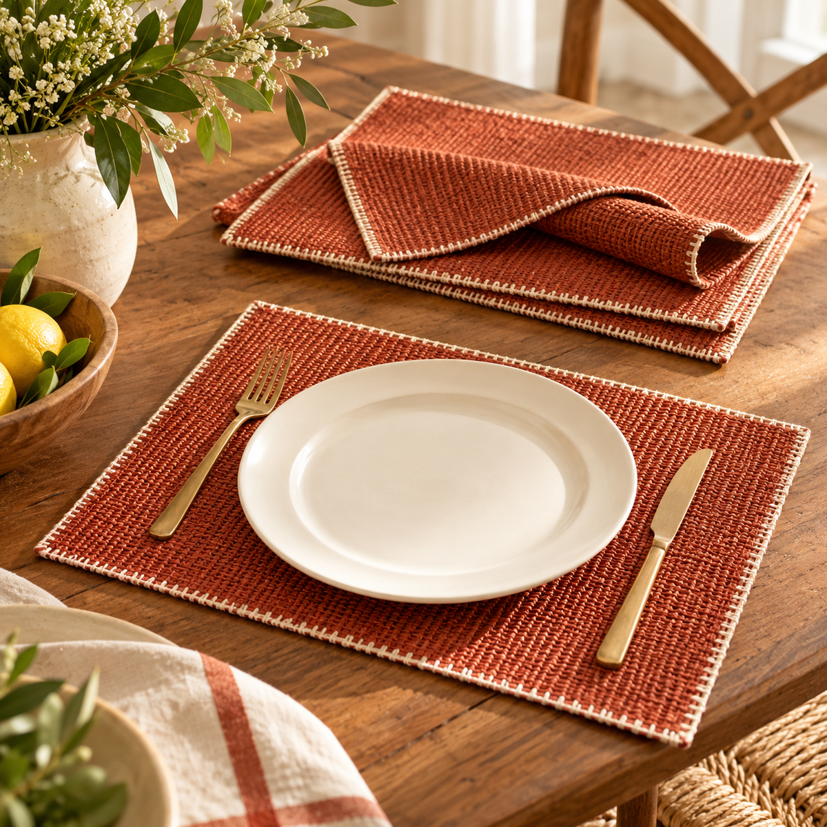 qyrvexul Terracotta Woven Placemats — family dining scene