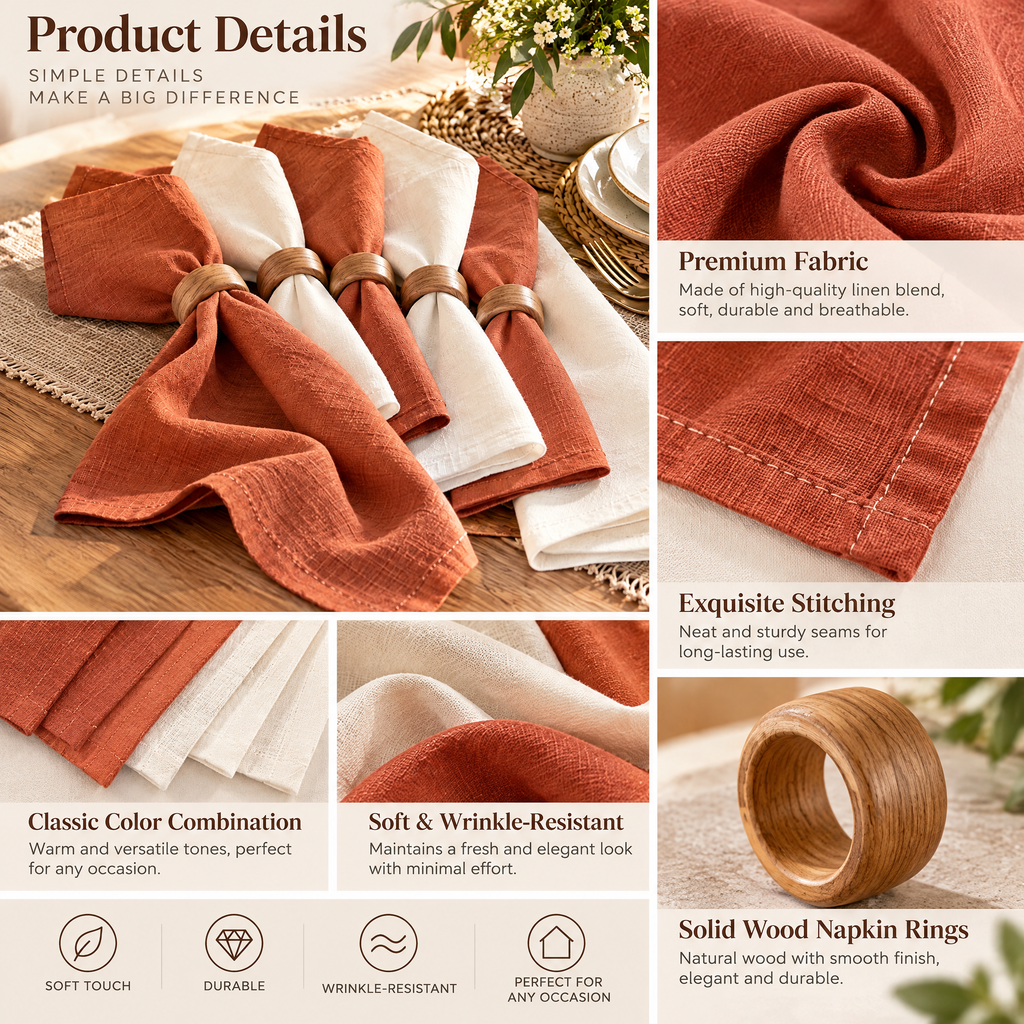 qyrvexul Ivory & Terracotta Cloth Napkins — design details