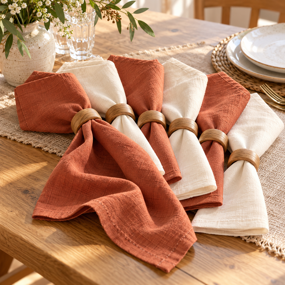 qyrvexul Ivory & Terracotta Cloth Napkins — family dining scene