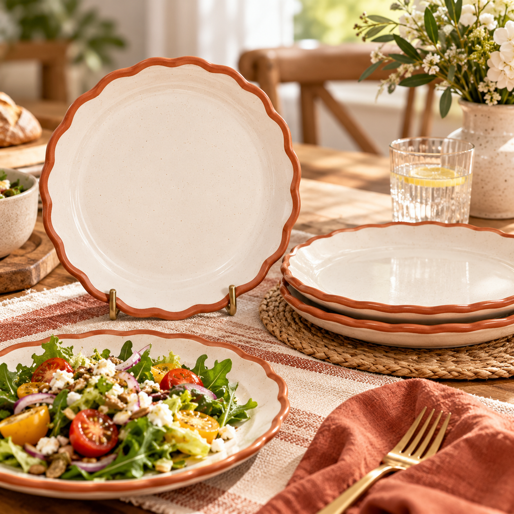 qyrvexul Ivory Scalloped Salad Plates — family dining scene