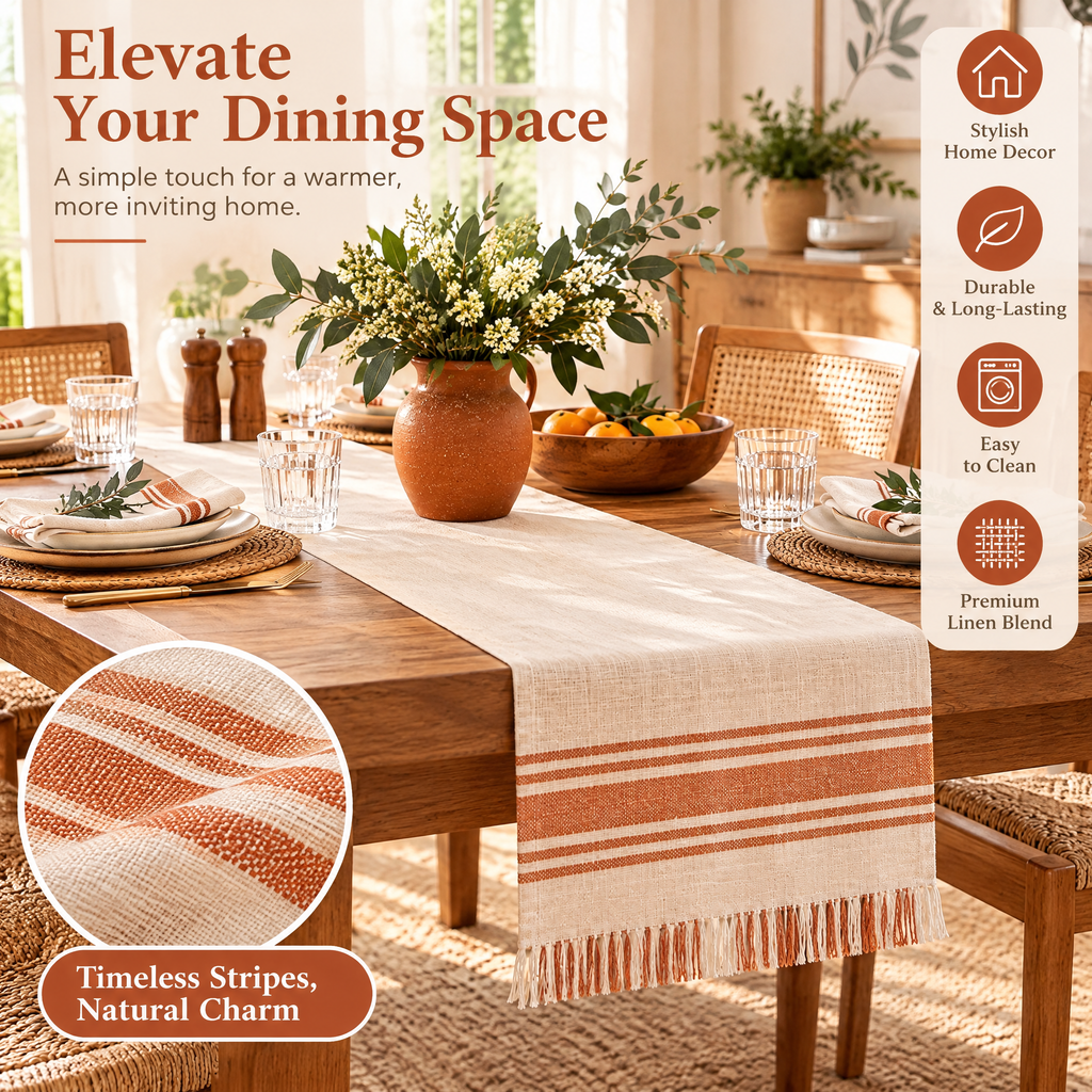 qyrvexul Ivory Table Runner with Terracotta Stripes — lifestyle inspiration