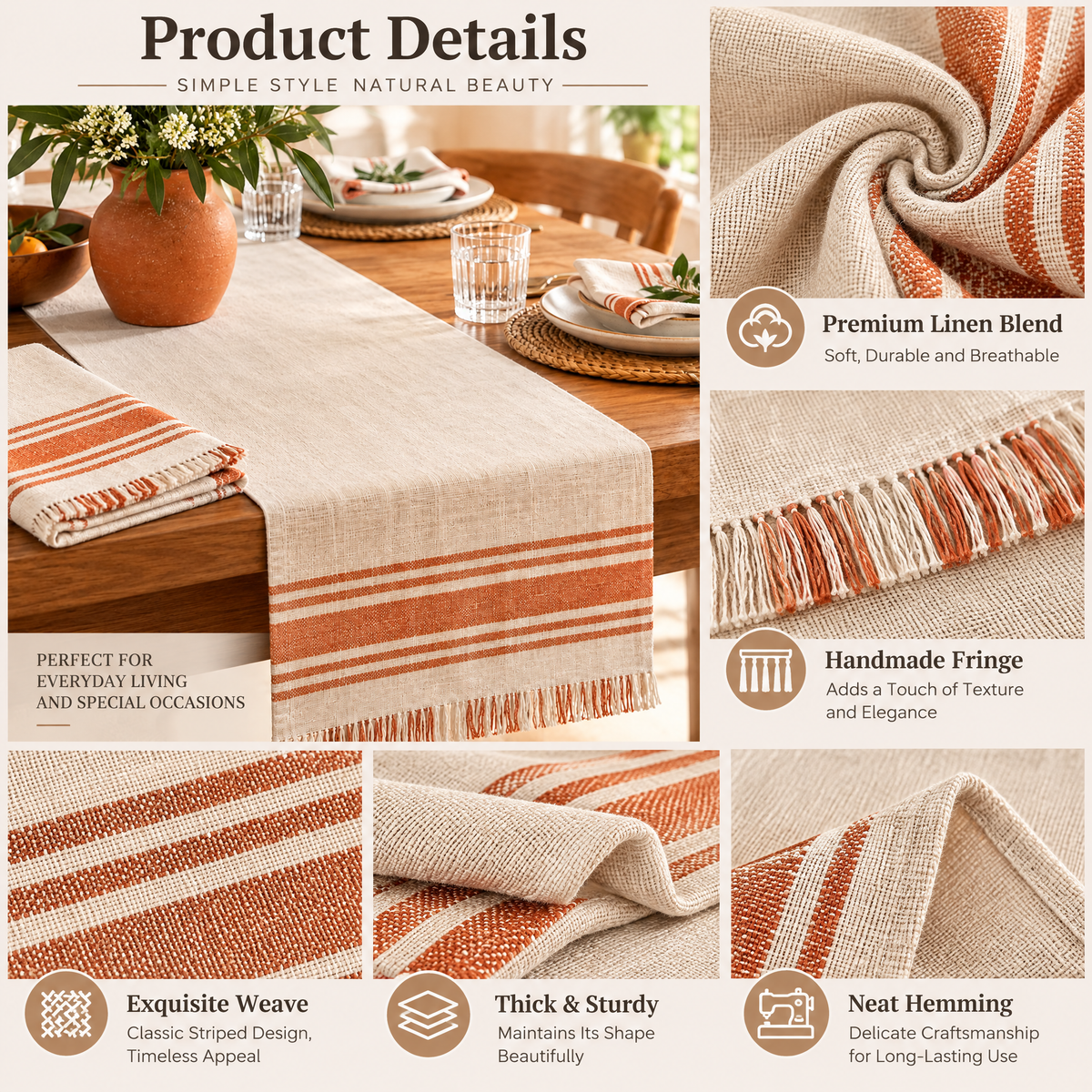 qyrvexul Ivory Table Runner with Terracotta Stripes — design details