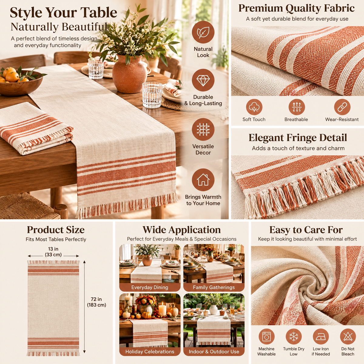 qyrvexul Ivory Table Runner with Terracotta Stripes — features and styling