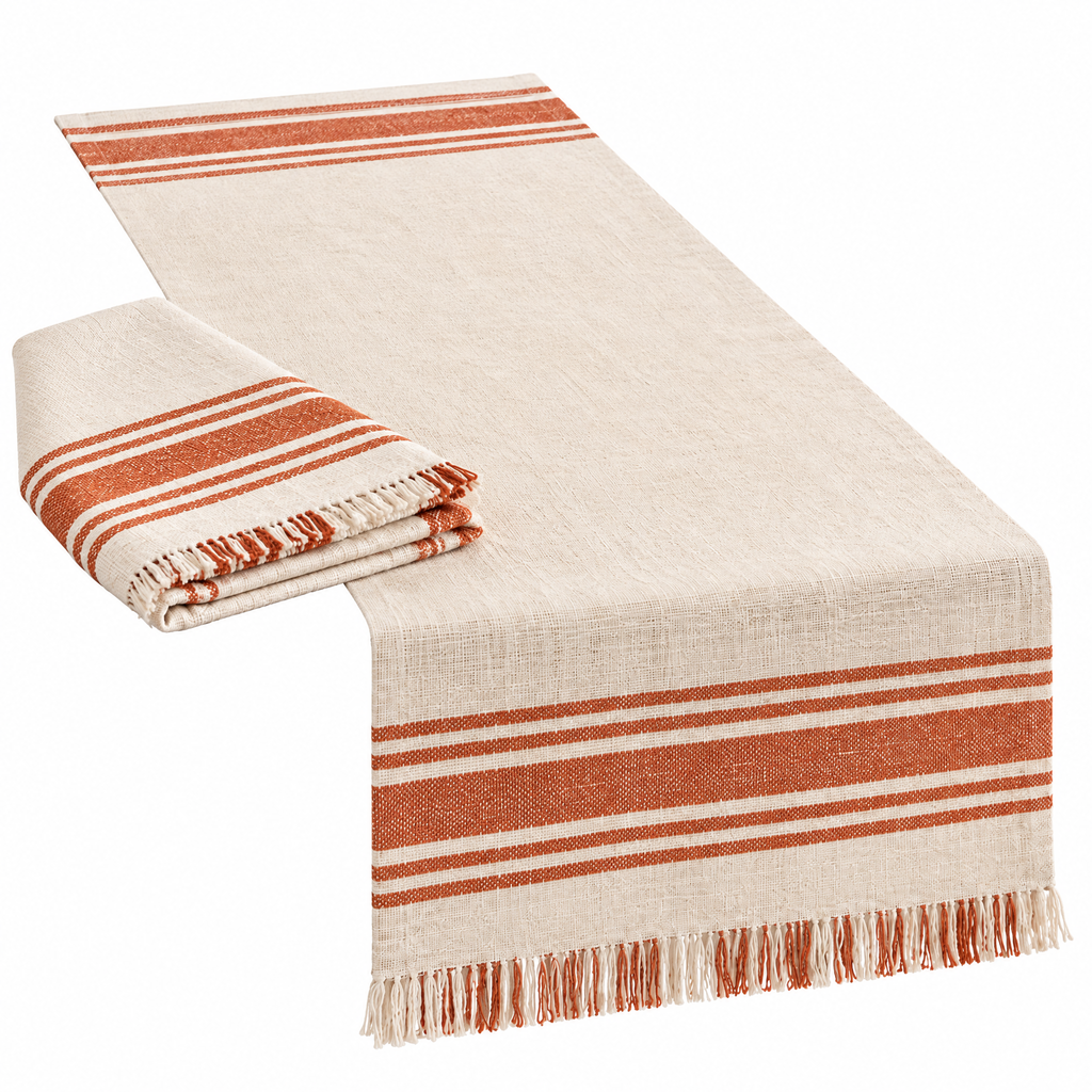 qyrvexul Ivory Table Runner with Terracotta Stripes — product view