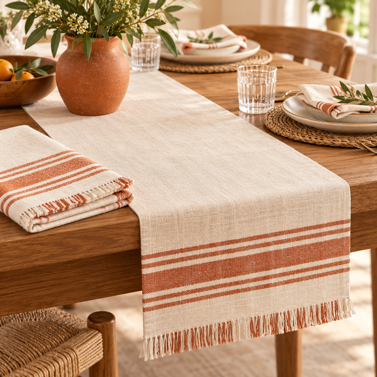 qyrvexul Ivory Table Runner with Terracotta Stripes — family dining scene