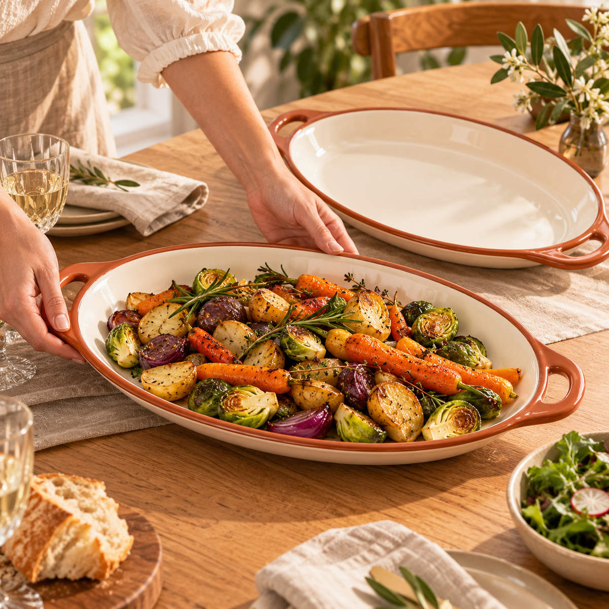 qyrvexul Ivory Oval Serving Platter with Handles — family dining scene
