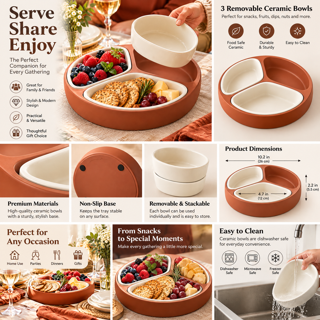 qyrvexul Three-Bowl Appetizer Tray — features and styling