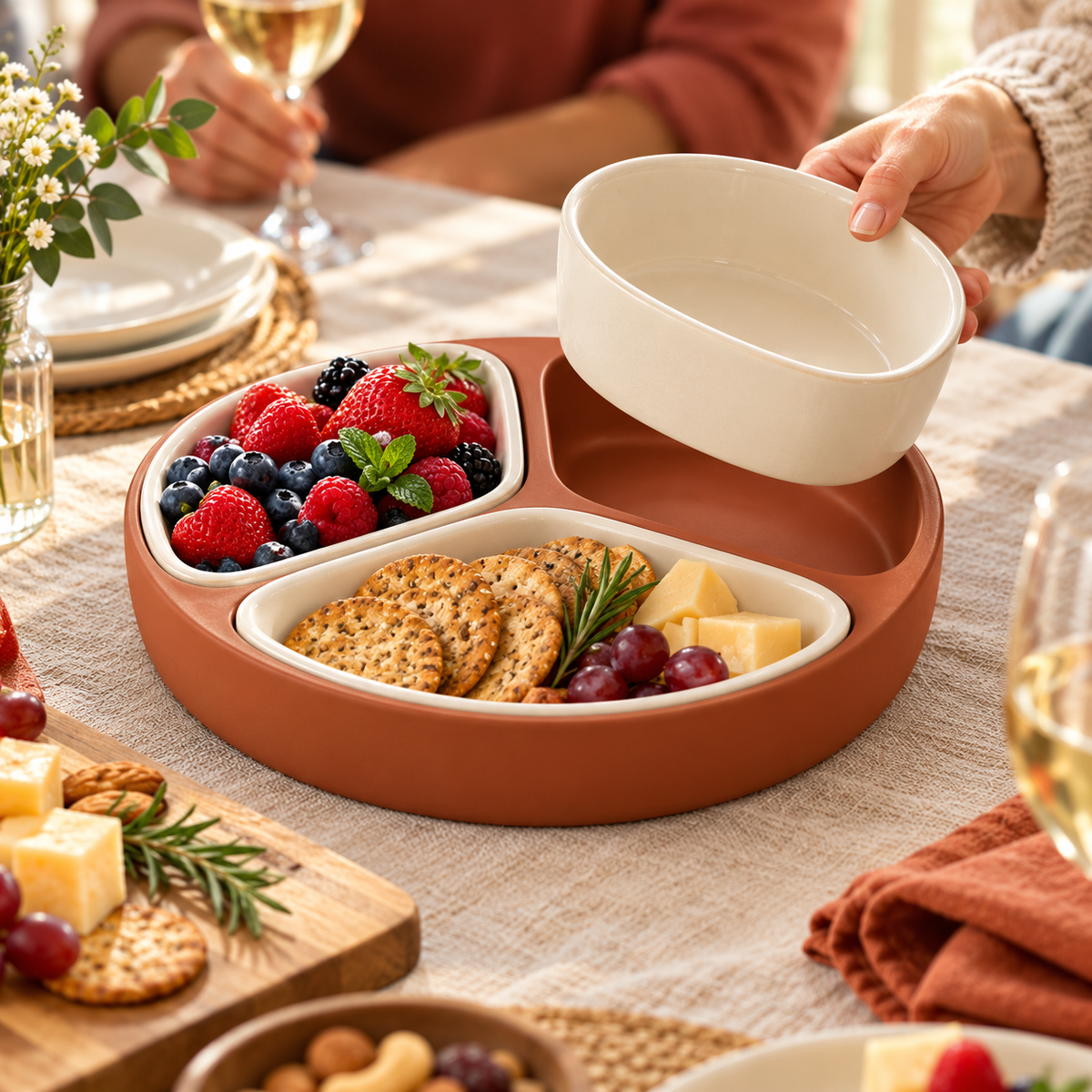 qyrvexul Three-Bowl Appetizer Tray — family dining scene