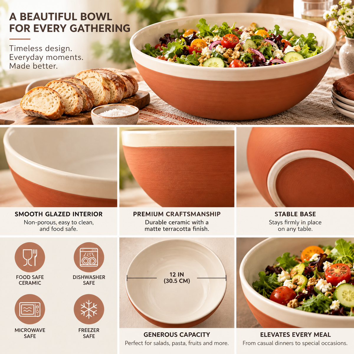 qyrvexul Two-Tone Salad Bowl with Wooden Servers — design details