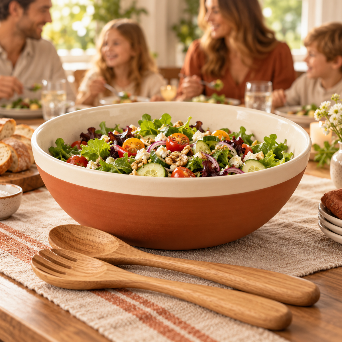 qyrvexul Two-Tone Salad Bowl with Wooden Servers — family dining scene